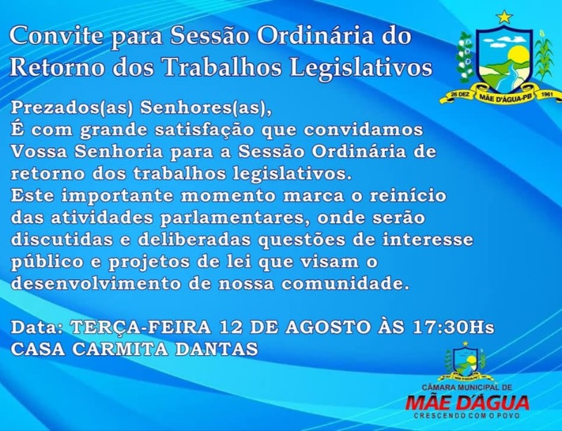 Cmara de Me Dgua realiza nesta tera-feira (12) a primeira sesso ordinria do segundo semestre de 2025