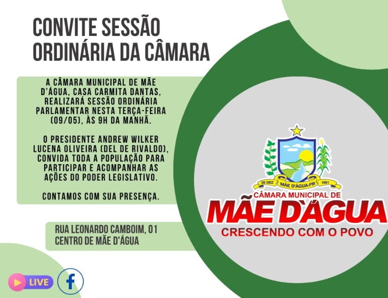 Sesso ordinria da cmara de Me D'gua est marcada para esta tera-feira (9)