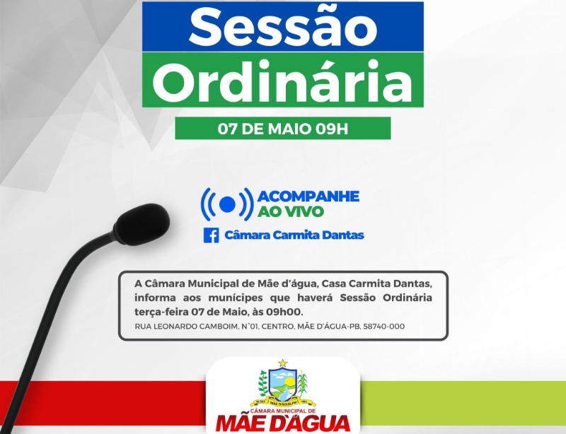 Mais uma sesso ordinria da cmara de Me D'gua ser realizada nesta tera-feira, dia 7 de Maio