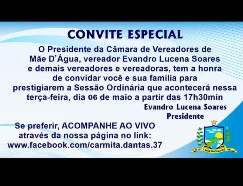 Sesso Ordinria da cmara de Me D'gua ser realizada na tarde desta tera-feira, dia 6 de Maio