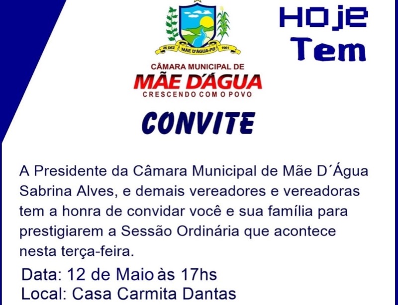 C�mara de M�e D'�gua realiza nesta ter�a-feira (12) mais uma sess�o ordin�ria