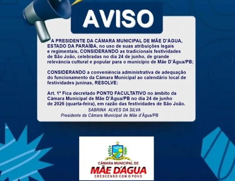 C�mara de M�e D��gua decreta ponto facultativo nesta quarta-feira, dia 24 de Junho