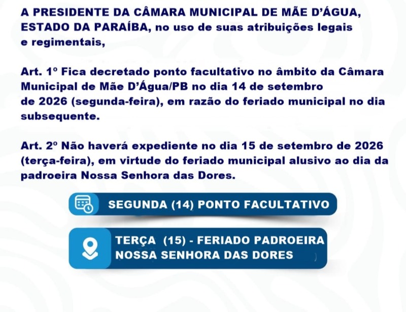 C�mara de M�e D'�gua estar� fechada nos dias 14 e 15 de Setembro