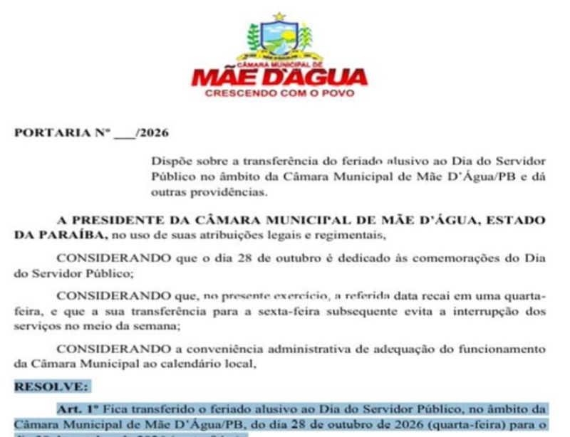Comunicado sobre o funcionamento da c�mara de M�e D��gua durante o per�odo de feriad�o